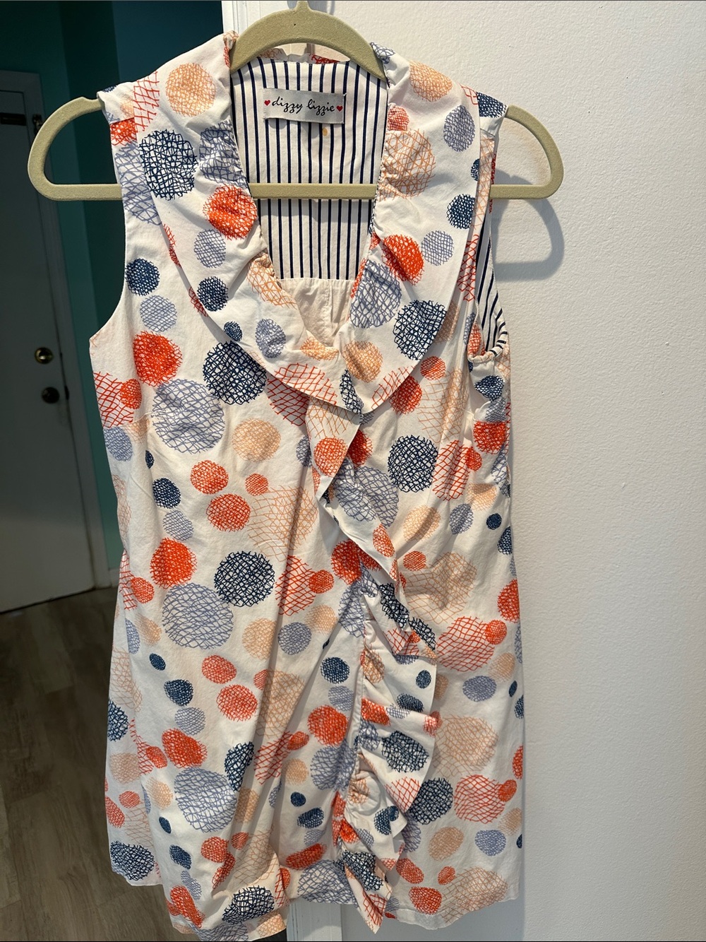 dizzy lizzie Sleeveless Ruffle Mini Dress in Orange & Navy Dot